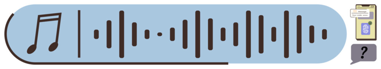 Soundwave with music note, audio recorder, and speech bubble in contrast-rich design. Ideal for audio editing, media, technology, podcast, education, sound analysis simple flat metaphor
