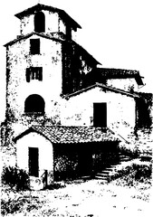 Haunted house grunge black and white art for halloween decor and design