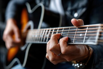 Obraz premium Modern musician plays acoustic guitar in a cozy indoor setting during a casual jam session