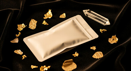 Luxurious Creamy Pouch Surrounded by Gold Nuggets and Crystal on Black Silk.