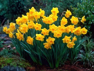 Vibrant yellow daffodils in a garden