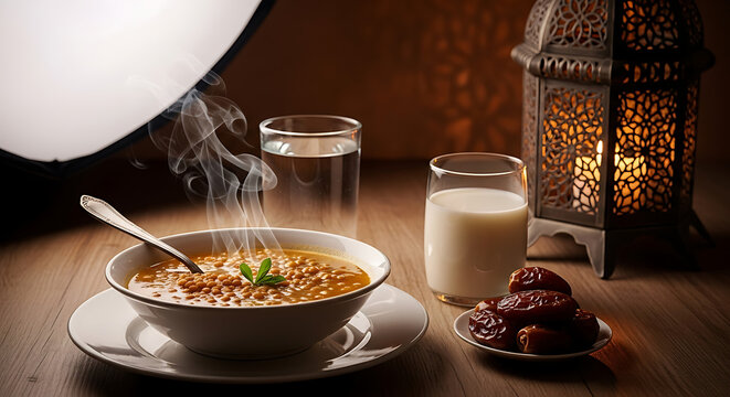 Steaming bowl of lentil soup with dates and milk, illuminated by a traditional lantern, evoking ramadan iftar