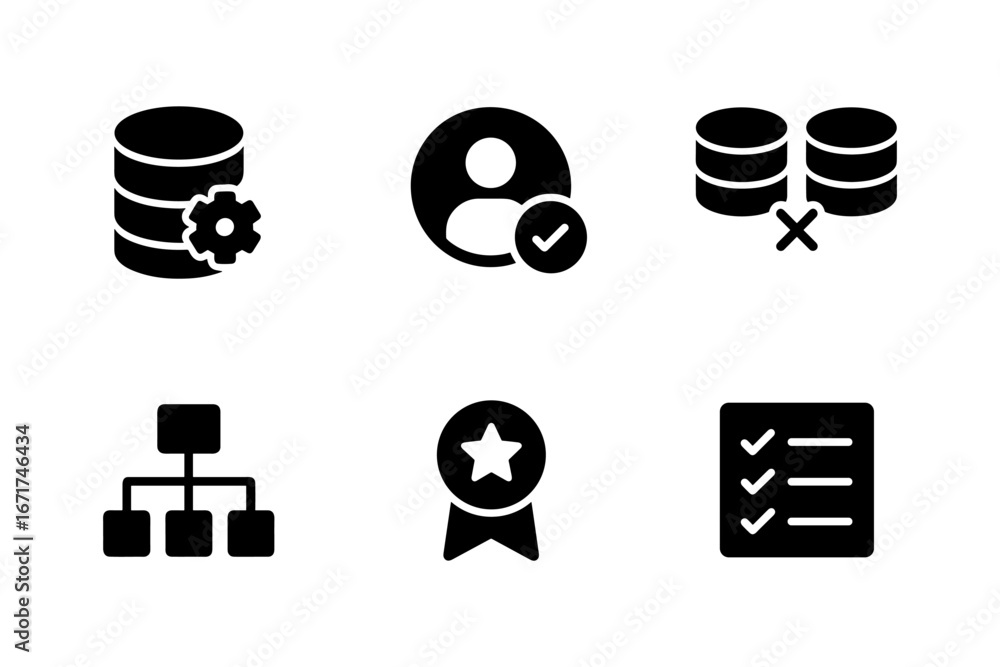 Poster collection of black database and user interface icons on white background