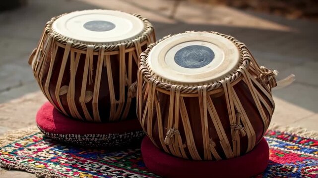 Two Indian tabla drums on a colorful rug