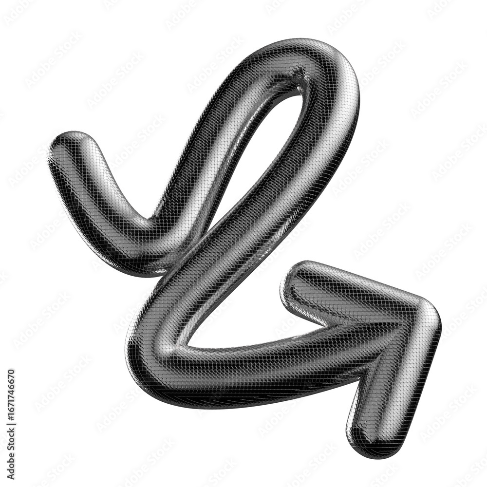 Poster shiny metallic inflatable arrow 3d shape isolated. bulky chrome metal wavy arrow, abstract wriggling