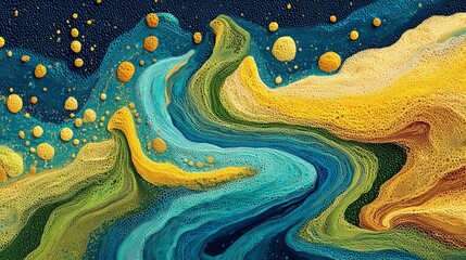 An abstract, colorful background with swirling patterns of blue, green, and yellow, dotted with yellow circles