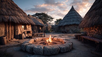 Rustic Village Scene with Fire Pit and Thatched Roof Huts under a Cloudy Sky