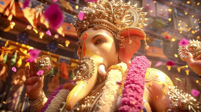 Lord Ganesha Idol Glowing with Divine Aura at Festival