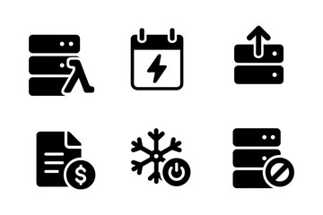 Set of black minimalist icons: server, lambda, calendar, finance, snowflake, data
