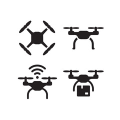 Drone Silhouette Icon Set – Drone View, Landing Gear, Signal, Drone Box