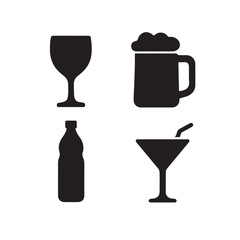 Drinking Silhouette Icon Set – Wine Glass, Beer Mug, Water Bottle, Cocktail