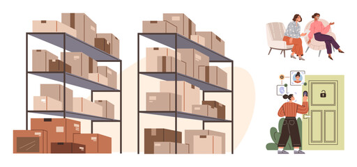 Warehouse shelves stacked with boxes, two women chatting on chairs, and a person configuring access control on a door. Ideal for logistics, teamwork, privacy, security, planning, storage