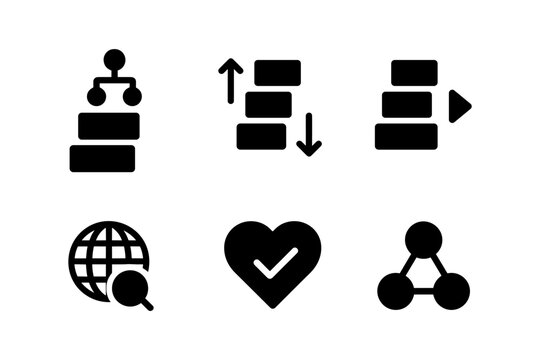 Minimalist black icon set: hierarchy, sorting, global search, and heart check