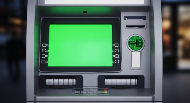 Mockup of ATM machine with glowing display, replaced with green screen placeholder.