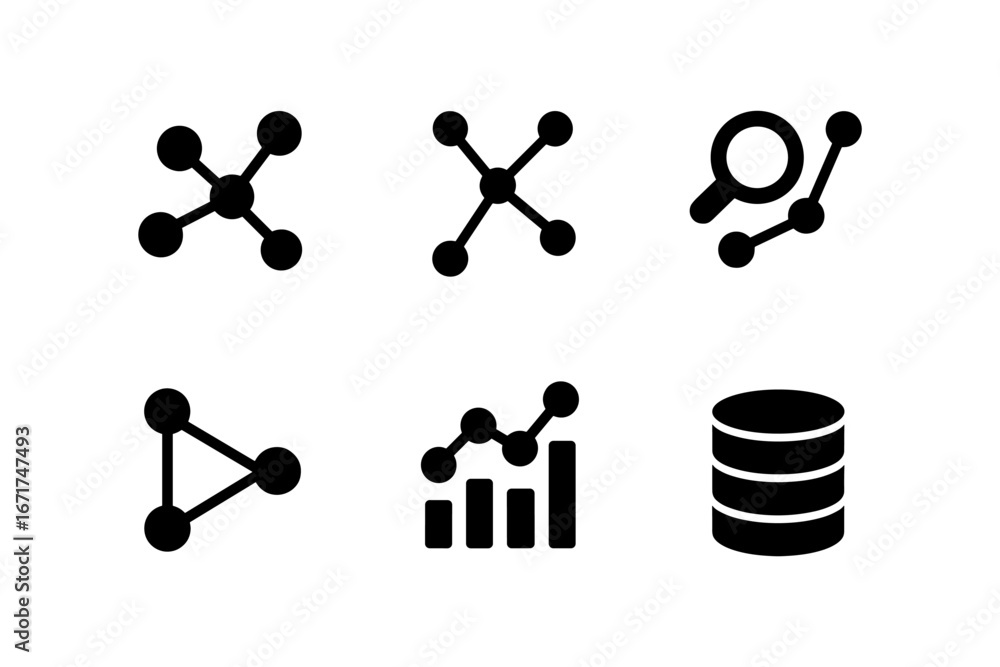 Poster data analysis icons set: network, graphs, and database symbols in flat style