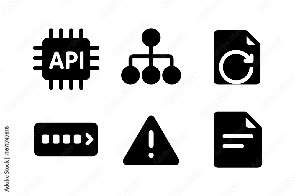 Poster essential flat tech icons for api, workflow, update, progress, alert, document needs