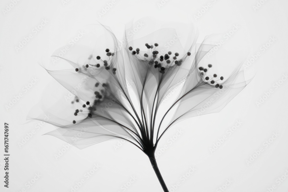 Poster a simple flower design is presented through x-ray, revealing its delicate petals and intricate struc