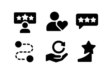 Black and white customer experience icons set for feedback and quality