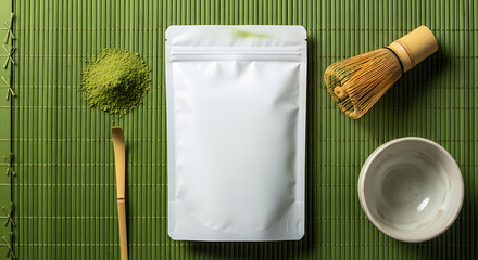 Vibrant Matcha Tea Essentials - Blank Pouch Mockup, Whisk, Bowl, and Powder on Green Bamboo Mat.