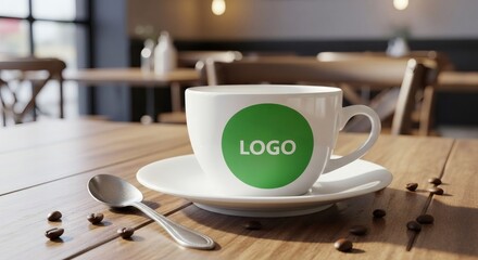 Coffee cup mockup on café table, logo area replaced with green screen placeholder.