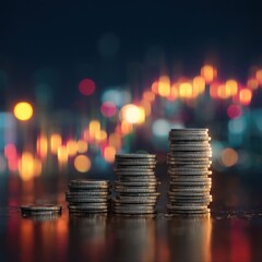 Stacked coins represent financial growth at night