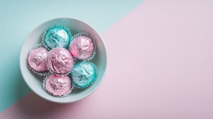 Pastel truffles in Tiffany and pink foil wrappers inside white bowl on diagonal split background