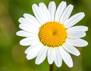Obraz premium Close-up view of a radiant, white daisy with a bright yellow center, showcasing delicate petals against a blurred green background.