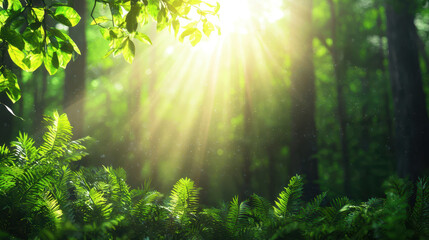 Obraz premium Sunlight filtering through lush green leaves creates serene atmosphere vibrant forest. interplay of light and nature evokes tranquility and peace