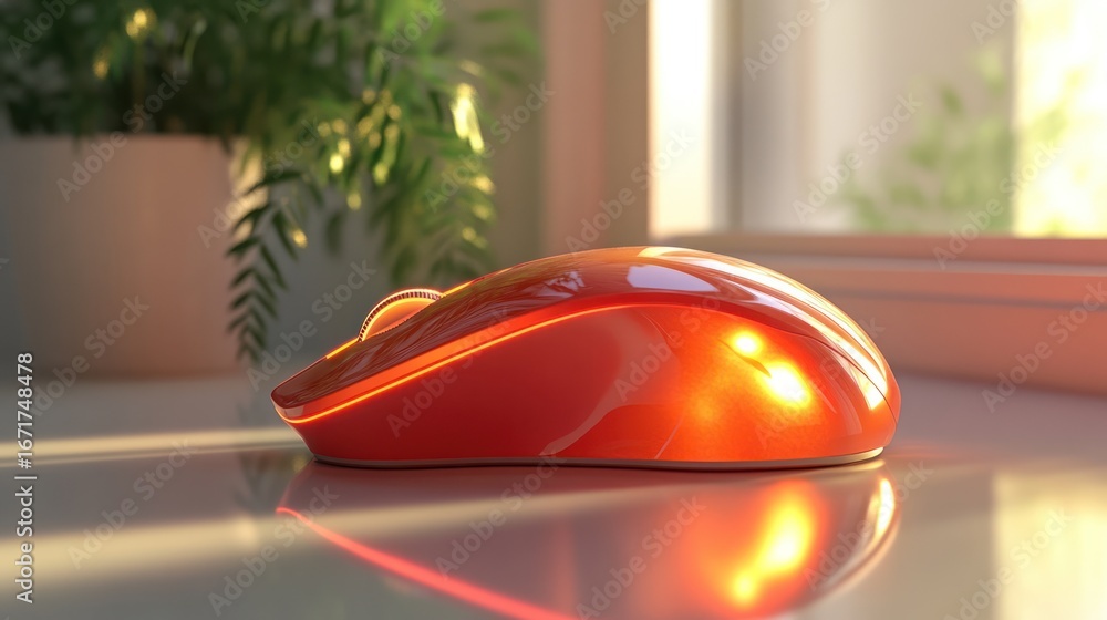 Poster red wireless computer mouse on a desk near window