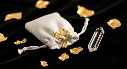 Luxurious White Pouch Overflowing with Golden Flakes and a Gleaming Crystal on Black.