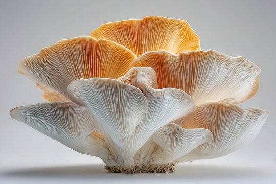 A detailed close-up of a cluster of oyster mushrooms, showcasing their intricate, delicate, and elegant structure against a neutral backdrop.