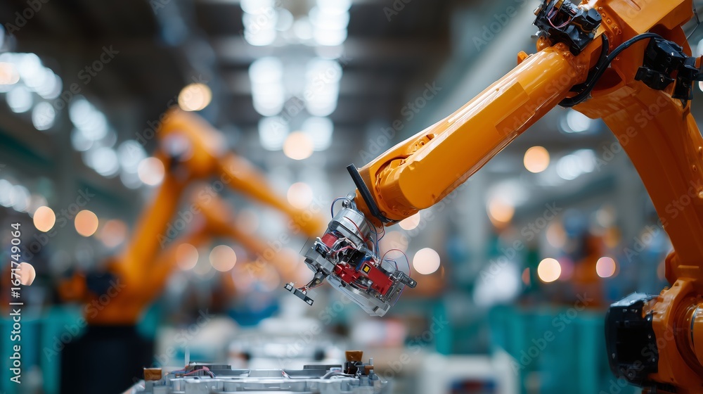 Poster industrial robotic arms assembling components in a modern factory setting during daytime operations