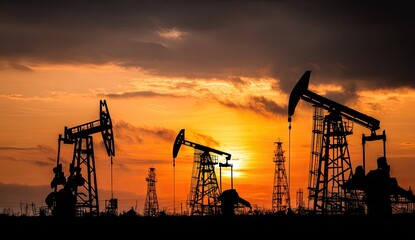 Oil Pumps Silhouetted Pumping Crude at Sunset in Field Location