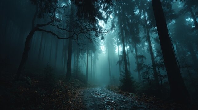 A mystical, foggy forest at night, with eerie blue light filtering through the trees, creating a haunting and mysterious atmosphere