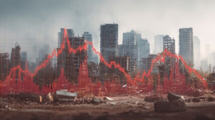 Financial crisis declining graph over ruined buildings