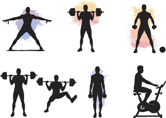 Fitness training silhouettes, gym workout illustration, people exercising with dumbbells, barbells, cycling machine, strength training, bodybuilding, fitness lifestyle, sport, healthy living vector