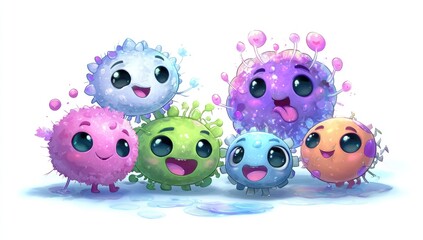 Cute, colorful, round creatures, digitally illustrated, joyful expressions