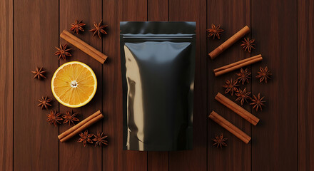 Black Pouch Mockup with Cinnamon, Anise, and Orange on Wood.