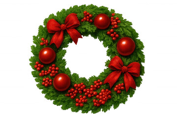 Festive green wreath decorated with red ornaments, berries, and ribbon, hanging against transparent background