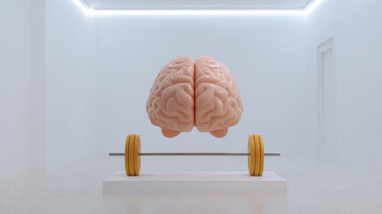 Floating brain lifting golden barbell, surreal mental strength arena, quirky Neurodiversity Day, cognitive fitness challenge unfolds