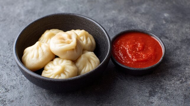 Steaming momos nestled in a rustic bowl, paired with vibrant sauce, perfect for Tibetan Losar, and Himalayan culinary rituals