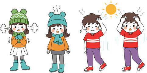 Children, winter, summer, cold, hot, temperature, emotion, clothing, seasons, cartoon, illustration, outdoor, heat, chill, expressive, weather, kids, outfit, seasonal, reaction