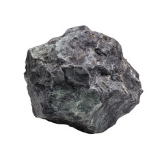 Obraz premium A dark, irregularly shaped rock, with mottled gray and green tones. Its texture appears rough and uneven