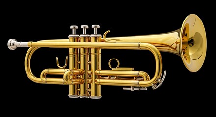 Fototapeta premium Shiny golden brass trumpet with three valves and bell on black background musical instrument