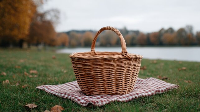 Wicker basket on plaid blanket whispers autumn picnic tales, perfect for Harvest Moon Festival or National Picnic Day