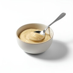 Side view of creamy apple puree served in a clean white bowl.