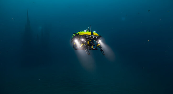 A remotely operated vehicle (ROV) with powerful lights and manipulator arms explores the dark mysterious abyss of the deep ocean floor.