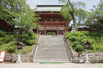 stone stairs and gate in a shinto temple in shiogama in japan 