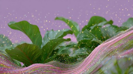 Lush green leaves shimmer beneath a whimsical sprinkle of stardust, evoking Solstice magic and Eco-Tapestry celebrations