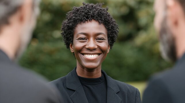 African American woman in a sharp blazer radiates joy, embracing Ubuntu spirit, International Day of Happiness celebration